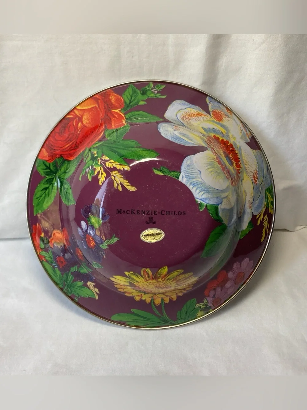 Mackenzie Childs Purple Plum Flower Market Enamelware Salad Soup Bowl 7.75”